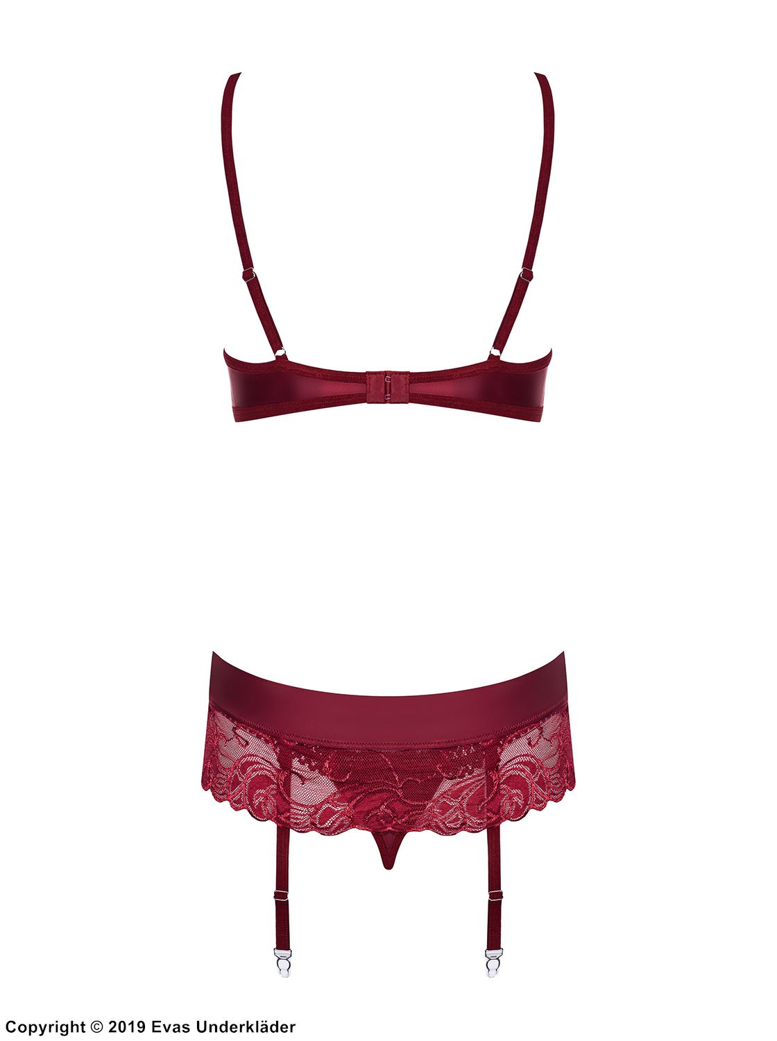 Lingerie set, straps over bust, lace cups, garter belt